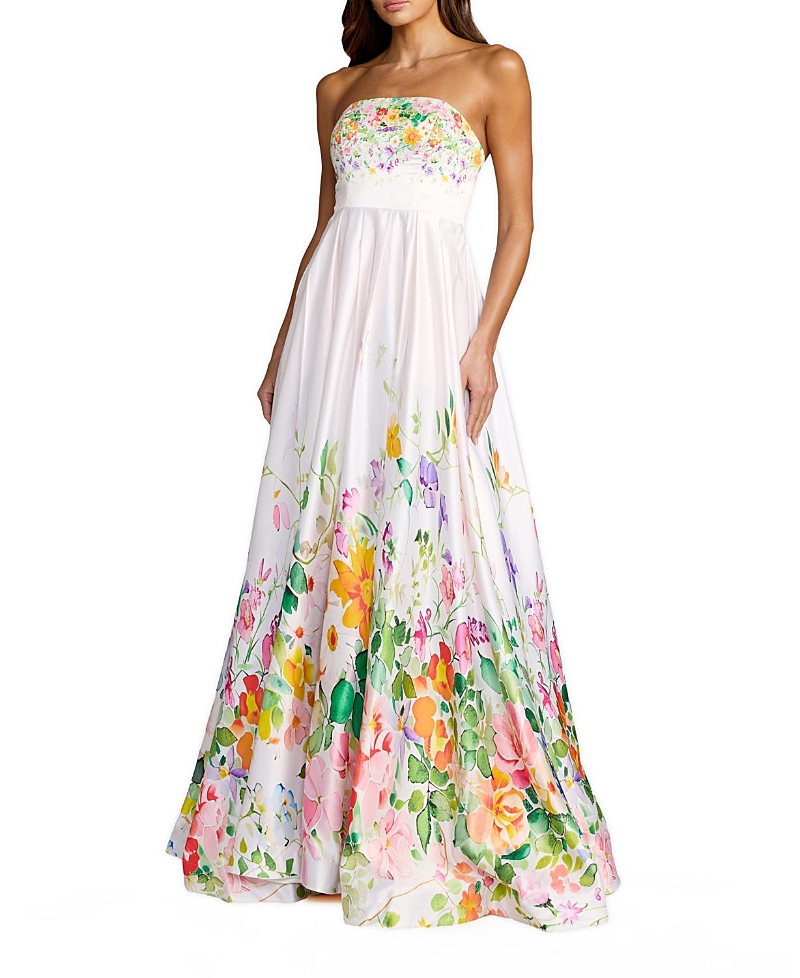 Mac Duggal Floral Print Strapless Satin A Line Gown With Pockets