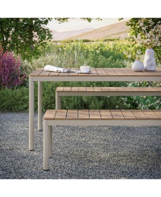 Finn Outdoor Patio Aluminum Faux Wood Dining with Benches, Set of 3