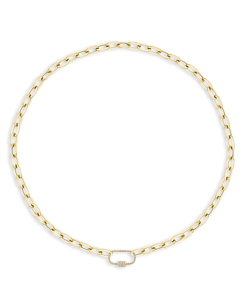 Shy Creation 14K Yellow Gold Diamond Pave Carabiner Clasp Paperclip Link Necklace, 18