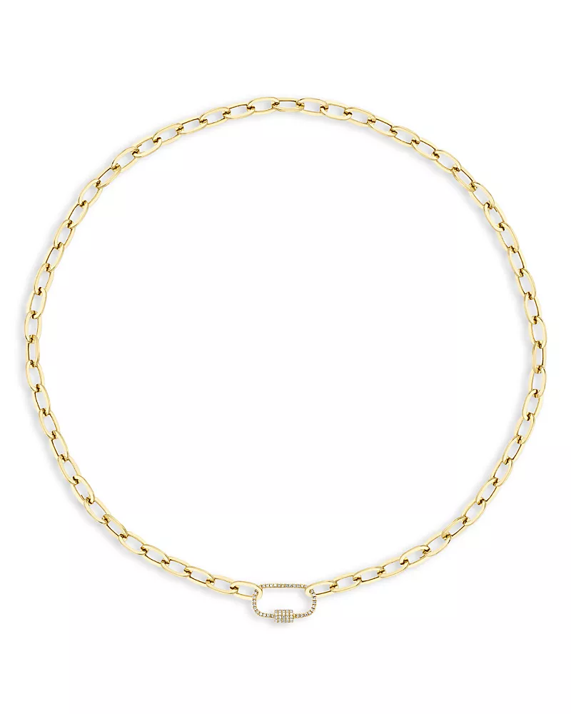 Shy Creation 14K Yellow Gold Diamond Pave Carabiner Clasp Paperclip Link Necklace, 18
