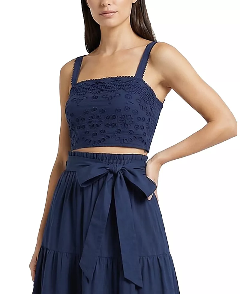 Change of Scenery Ilyssa Eyelet Embroidered Square Neck Smocked Crop Top