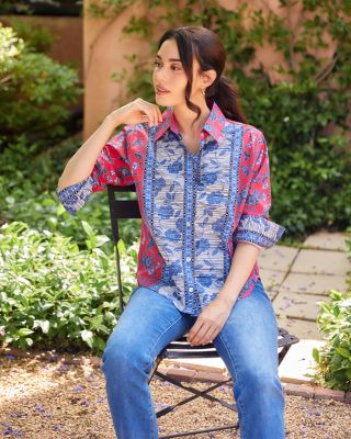 Ruched Sleeve Border Print Shirt