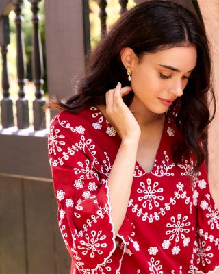 Flare Sleeve Embroidered Dress