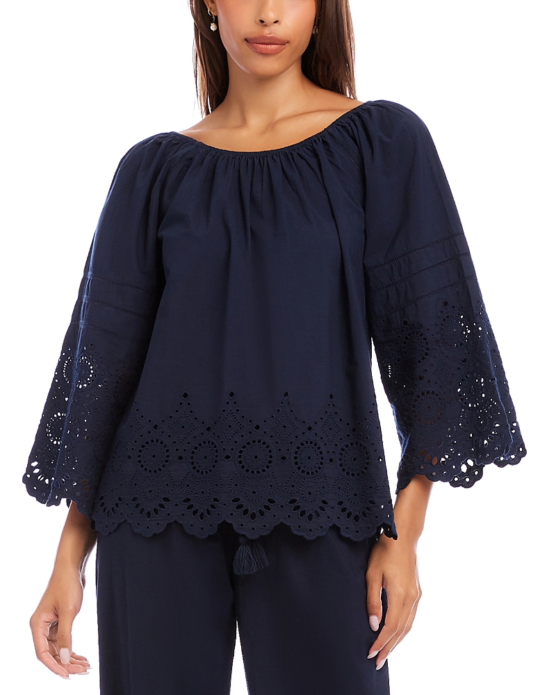 Karen Kane Flare Sleeve Embroidered Scallop Edge Peasant Top