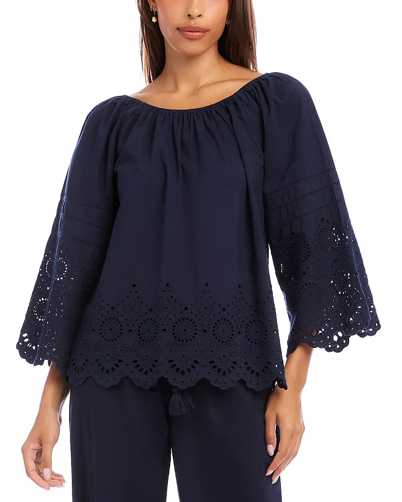 Karen Kane Flare Sleeve Embroidered Scallop Edge Peasant Top