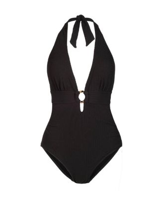  Gabrielle Ring Halter Textured One-Piece Swimsuit