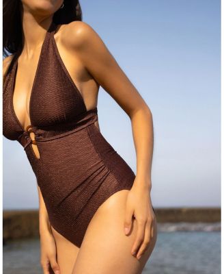  Gabrielle Ring Halter One-Piece Swimsuit in Metallic