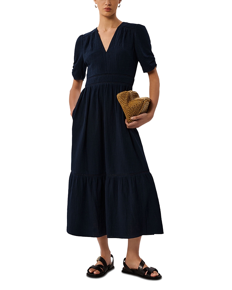 Whistles V Neck Textured Midi Dress