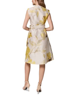 Sleeveless V Neck Jacquard Faux Wrap A Line Dress