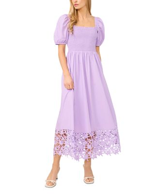 Puff Sleeve Lace Hem Midi Dress