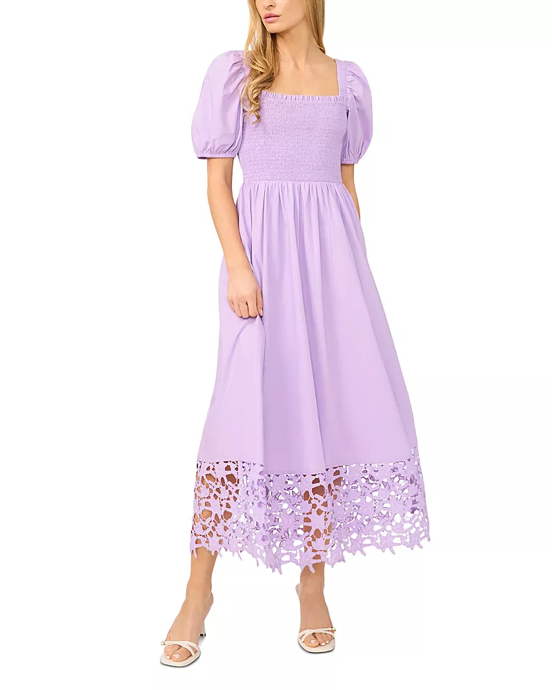 CeCe Puff Sleeve Lace Hem Midi Dress