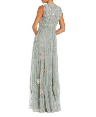  Petite Floral Mesh Sleeveless A Line Micro Ruffle Gown