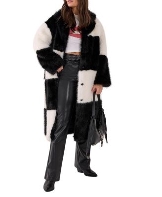 Mono Check Faux Fur Coat