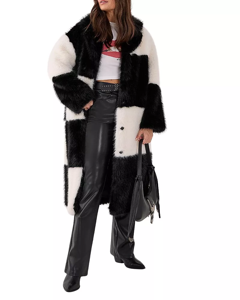 Nasty Gal Mono Check Faux Fur Coat