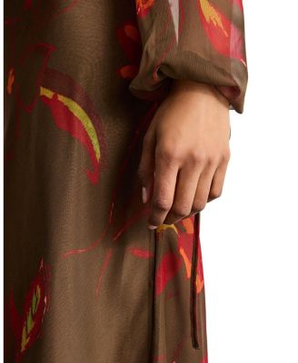 Printed V Neck Tie Detail Midi Dress