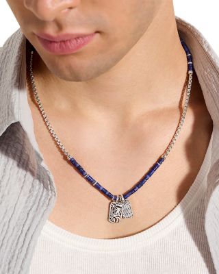 Men's Sterling Silver Heishi Lapis Lazuli Tag Pendant Necklace, 22"