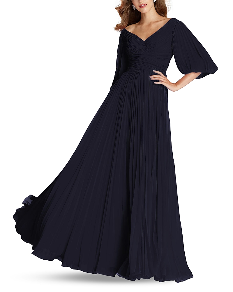 Teri Jon by Rickie Freeman Chiffon Pleated V Neck Gown