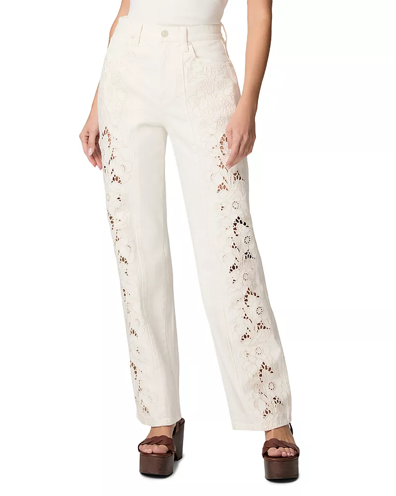 Paige Sawyer High Rise Wide Leg Jeans in Tonal Ecru Embroidered