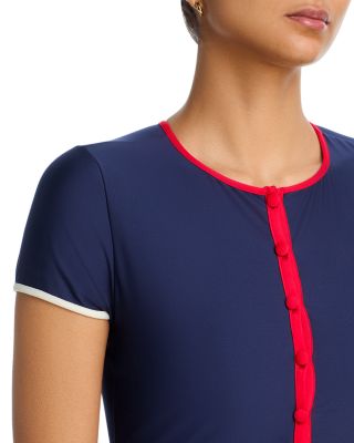 Crewneck Button Up Tankini Top & AQUA String Bikini Bottom - Exclusive