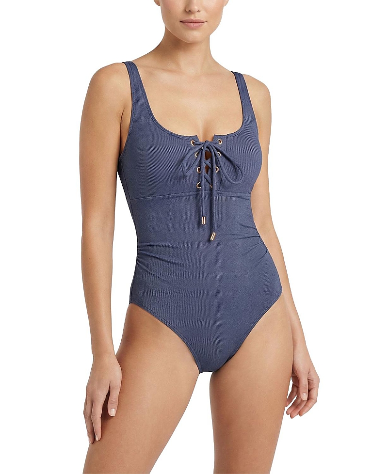Change of Scenery Taylor Lace-Up Underwire One-Piece Swimsuit in Indigo Twill