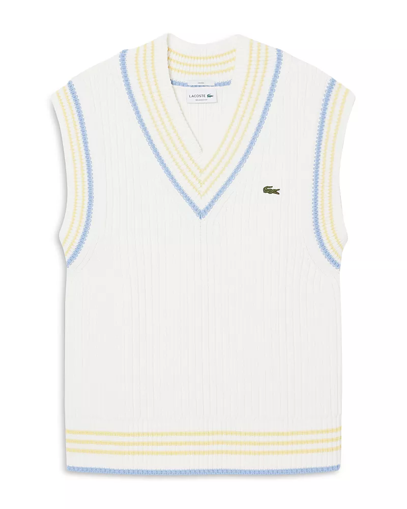 Lacoste Striped Rib Knit Cotton Sweater Vest