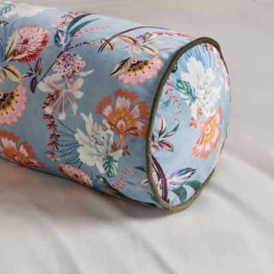 Tropical Birds Printed Velvet Bolster Pillow, 8" x 24"