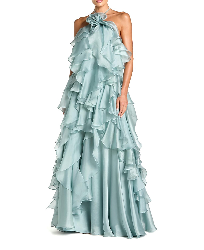 Mac Duggal Organza Halter Neck Open Back Ruffle Gown
