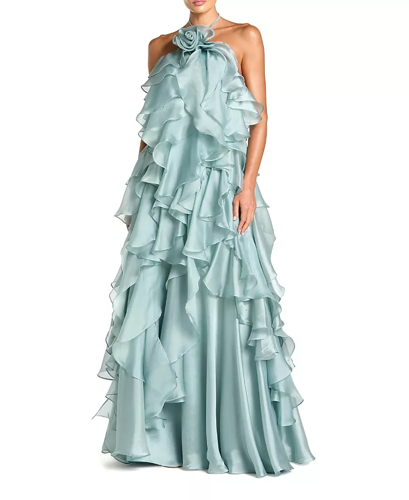 Mac Duggal Organza Halter Neck Open Back Ruffle Gown
