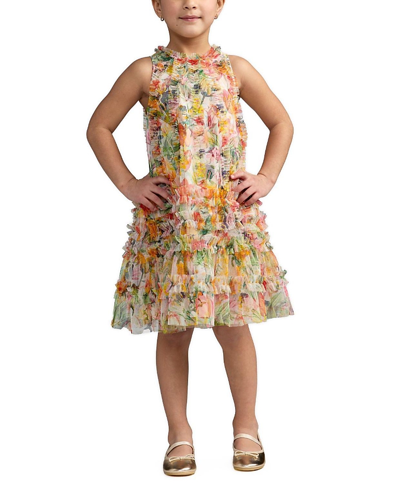 Mac Duggal Girls' Mesh Floral Print A-Line Dress - Little Kid, Big Kid