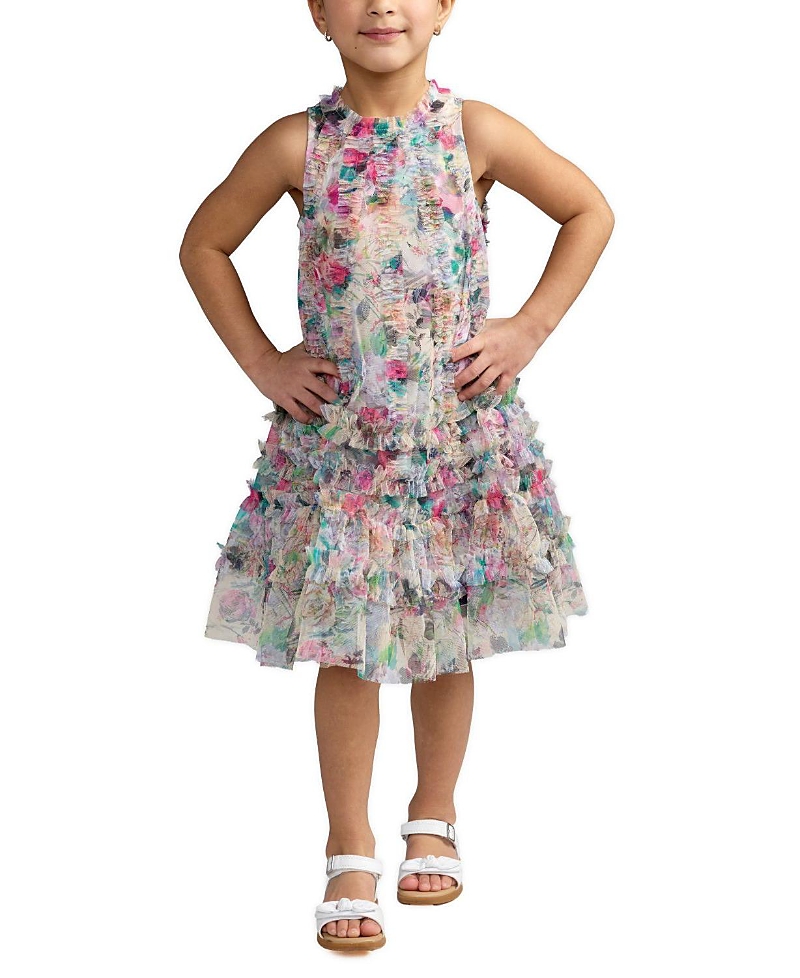Mac Duggal Girls' Mesh Floral Print A-Line Dress - Little Kid, Big Kid