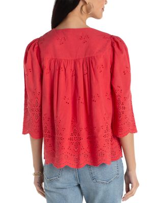 Three Quarter Sleeve V Neck Eyelet Woven Top