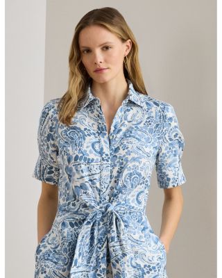 Paisley Tie Front Linen Shirtdress
