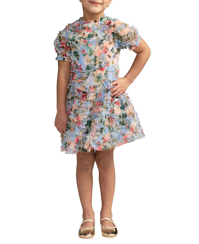 Mac Duggal Girls' Floral Mesh Ruffle Puff Sleeve Dress - Little Kid, Big Kid