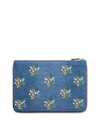 Medium Floral Embroidered Denim Flat Pouch  