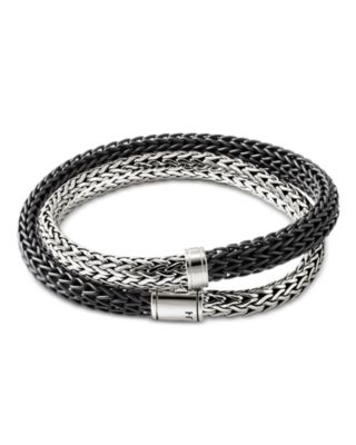 Sterling Silver Icon Black Leather Braid Double Wrap Bracelet
