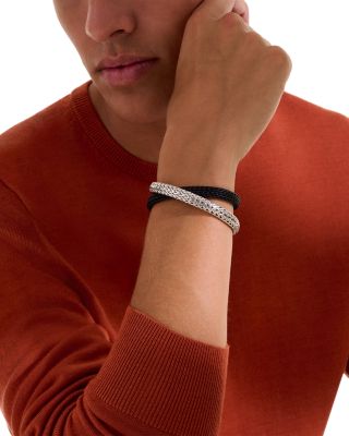 Sterling Silver Icon Black Leather Braid Double Wrap Bracelet