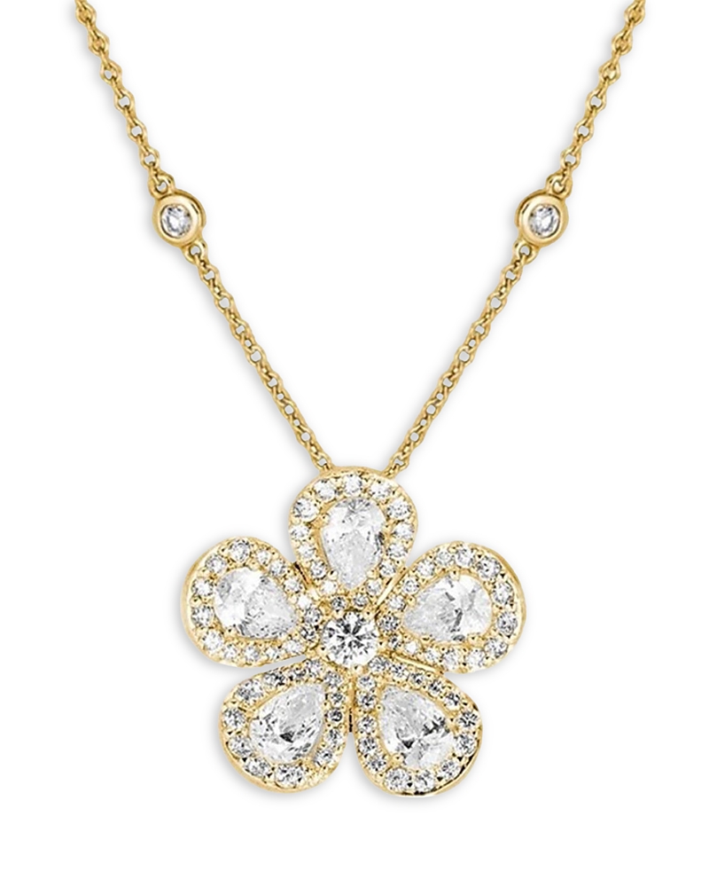 Piranesi 18K Yellow Gold Classic Flower Diamond Pear & Round Pendant Necklace, 16