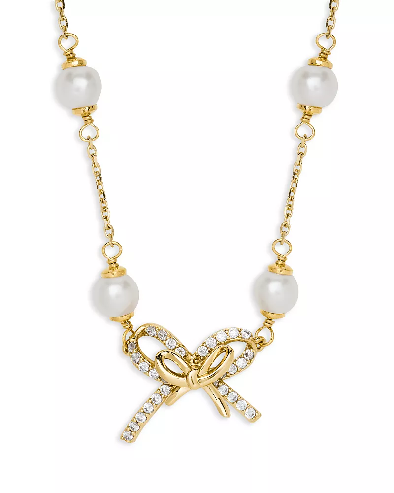 kate spade new york Girlie Pearlie Pave Bow & Imitation Pearl Scatter Necklace, 16