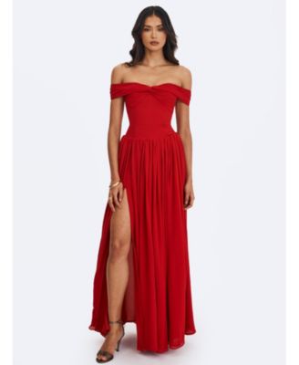  Tereza Georgette Bardot High-Slit Maxi Dress