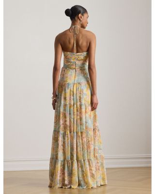 Floral Georgette Tiered Halter Gown