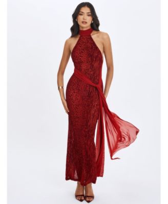  Cerise Burnout Velvet Multiwear Mesh Ribbon Maxi Dress