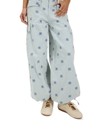 Lotus Embroidered Railroad Stripe Balloon Jeans in Indigo Rain