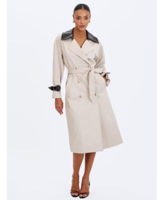  Umber Double-Breasted Faux Leather Lapel Trench Coat