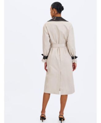  Umber Double-Breasted Faux Leather Lapel Trench Coat