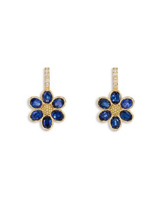 18K Yellow Gold FJ Blue Sapphire & Diamond Fiori Flower Drop Earrings