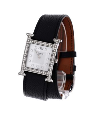 Heure H Quartz Watch in Stainless Steel and Leather with Diamond Bezel and Markers and Mother of Pearl 26mm