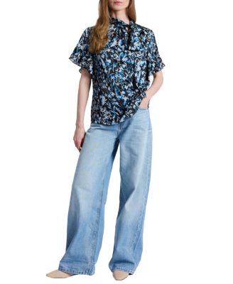  Athena Floral Blouse with Short Flutter Sleeves