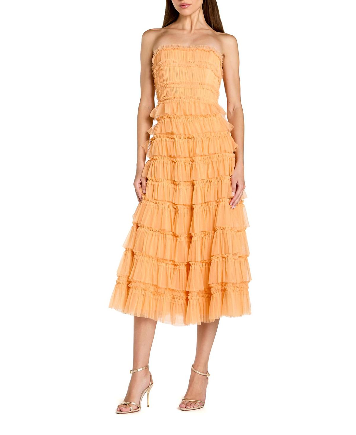 Mac Duggal Solid Mesh Dot Micro Ruffle Strapless Midi Dress