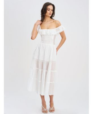  Eden Square Neck Ruffle Trim High Waist Midi Dress