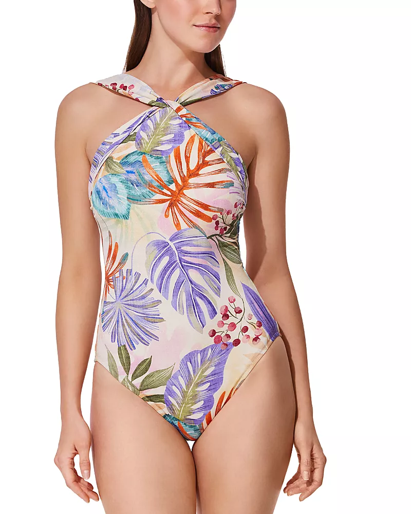 Gottex Cherry Blossom High Neck Twist Halter One Piece Swimsuit